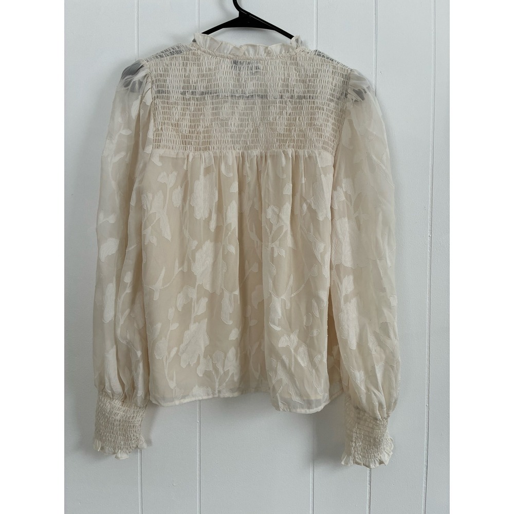 EVEREVE Cream Floral Burnout‎ Blouse Smocked V-Neck Sheer Boho Top Small - Picture 6 of 7